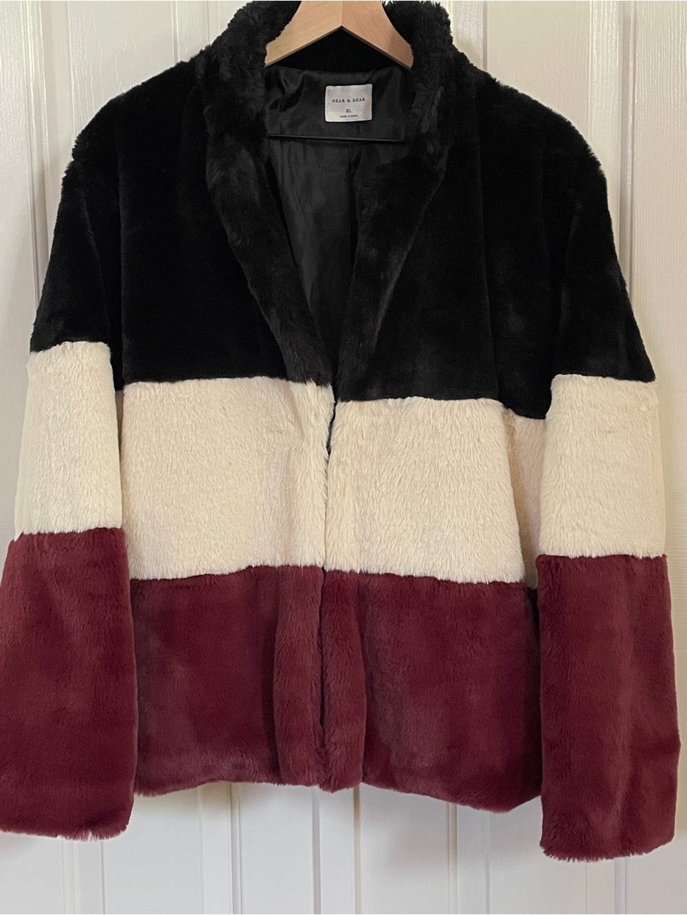 Near & Dear, Colorblock Faux Fur Jacket, Black, Ivory & Burgundy, Women's XL